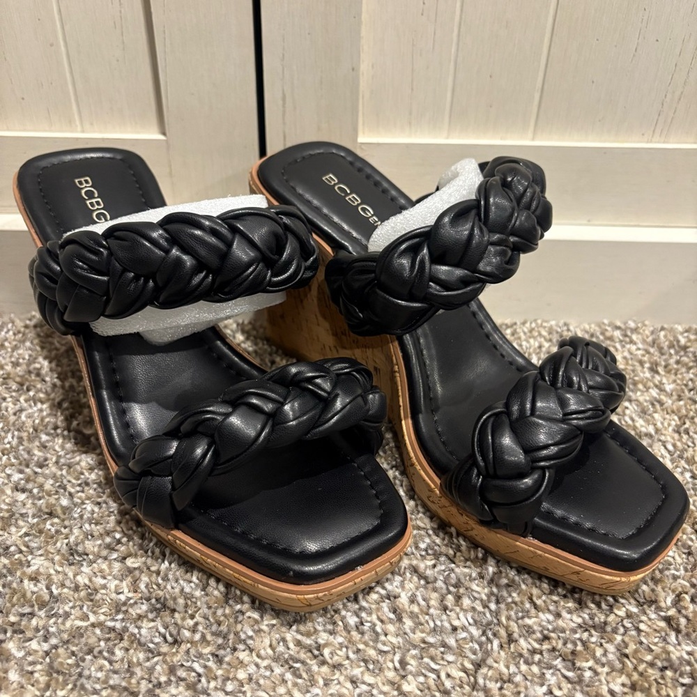 BCBGeneration Black Leather Wedge Sandals with Braided Straps